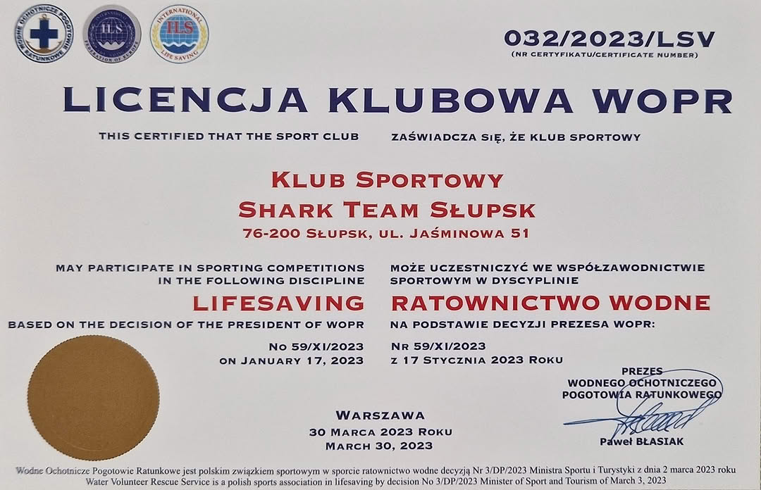 Licencja WOPR dla klubu!